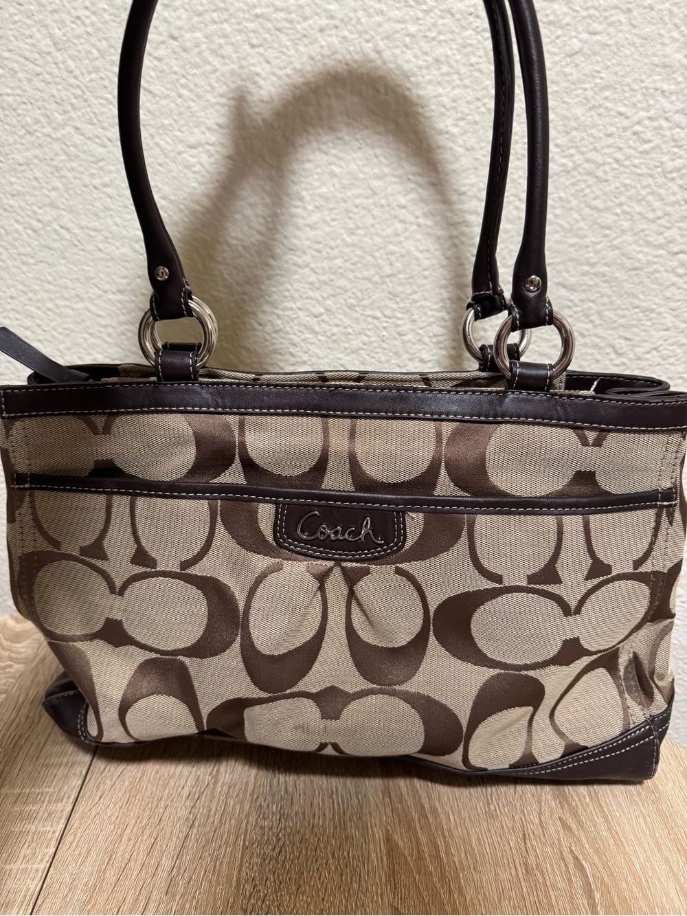 Coach Beige and Brown Signature Canvas Shoulder Bag